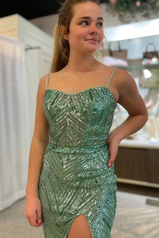 Sparkly Spaghetti Straps Sequins Mermaid Long Prom Dress with Slit