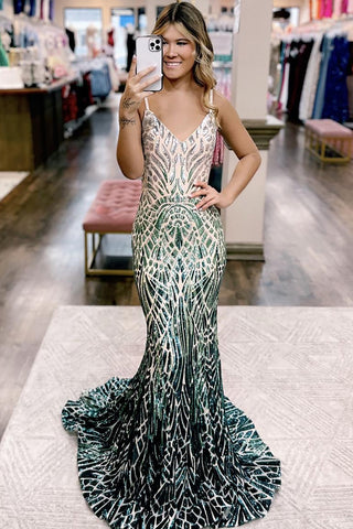 Sparkly Spaghetti Straps Fuchsia Sequins Mermaid Long Prom Dress