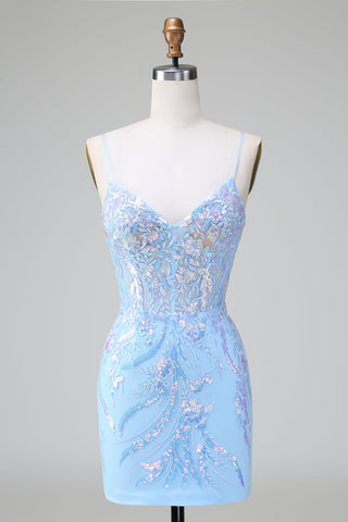 Robe de bal courte à bretelles spaghetti bleu pailleté et corset ornée de sequins