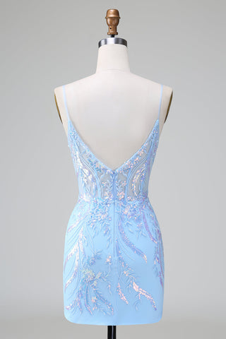 Robe de bal courte à bretelles spaghetti bleu pailleté et corset ornée de sequins