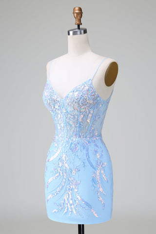 Robe de bal courte à bretelles spaghetti bleu pailleté et corset ornée de sequins