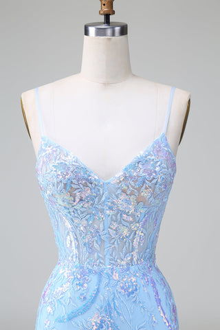 Robe de bal courte à bretelles spaghetti bleu pailleté et corset ornée de sequins