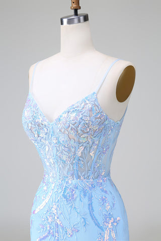 Robe de bal courte à bretelles spaghetti bleu pailleté et corset ornée de sequins