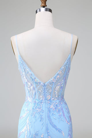 Robe de bal courte à bretelles spaghetti bleu pailleté et corset ornée de sequins