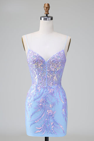 Robe de bal courte à bretelles spaghetti bleu pailleté et corset ornée de sequins