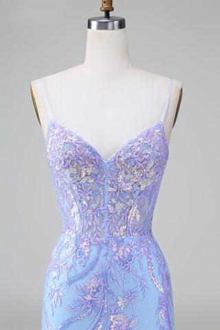 Robe de bal courte à bretelles spaghetti bleu pailleté et corset ornée de sequins