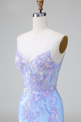 Robe de bal courte à bretelles spaghetti bleu pailleté et corset ornée de sequins