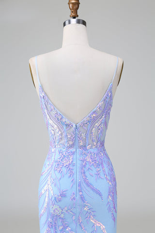 Robe de bal courte à bretelles spaghetti bleu pailleté et corset ornée de sequins