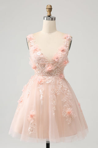 Robe de bal courte rose poudré à col en V et corset à sequins ornée d'appliqués