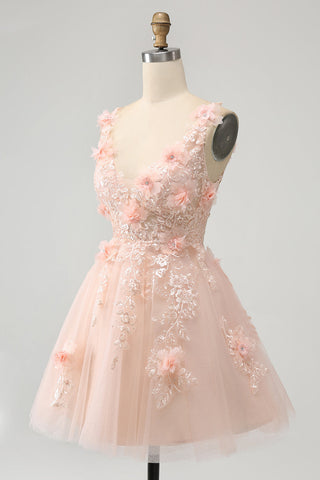 Robe de bal courte rose poudré à col en V et corset à sequins ornée d'appliqués