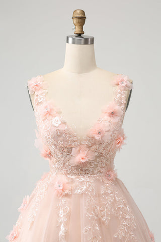 Robe de bal courte rose poudré à col en V et corset à sequins ornée d'appliqués