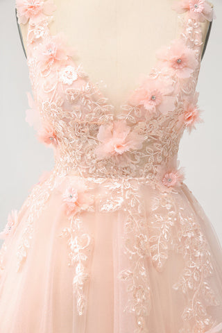 Robe de bal courte rose poudré à col en V et corset à sequins ornée d'appliqués