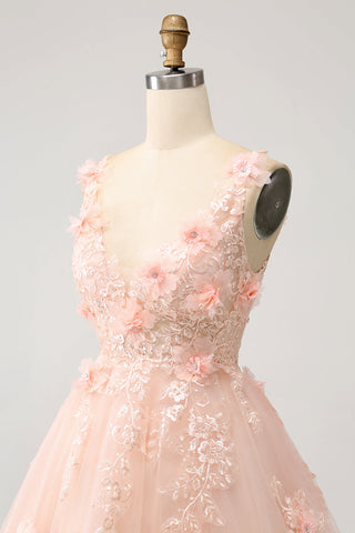 Robe de bal courte rose poudré à col en V et corset à sequins ornée d'appliqués