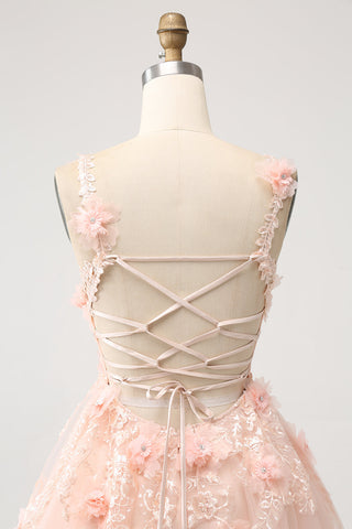 Robe de bal courte rose poudré à col en V et corset à sequins ornée d'appliqués