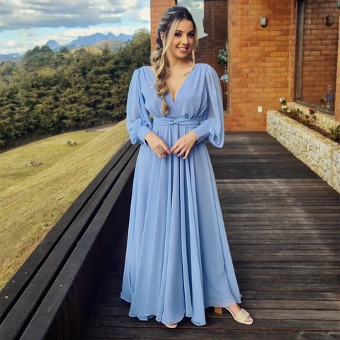 Vestido de noche largo vintage azul con escote en V, corte en A, de gasa plisada hasta el tobillo, modelo Y5048