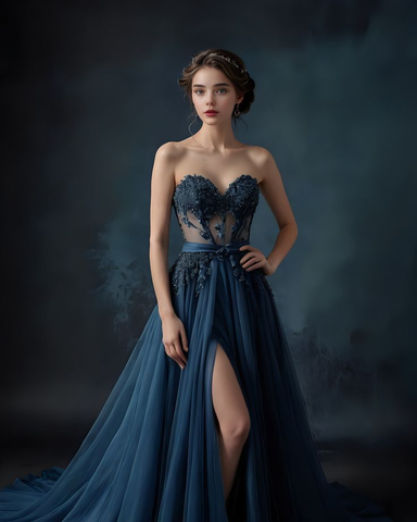 Robe de bal élégante bleu marine sans bretelles, ornée d'appliqués en tulle et d'une fente, coupe trapèze, modèle Y8319