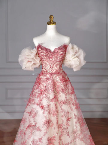 Robe de bal rouge en tulle ornée de perles, coupe trapèze, épaules dénudées, modèle Y8621