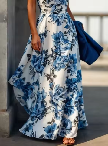 Vestido de noche azul de satén con estampado floral, sin mangas, cuello halter y corte en A (modelo Y8480).