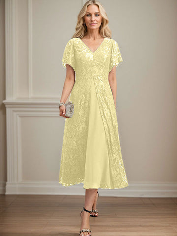 A-line V-Neck Tea-Length Lace Chiffon Mother of the Bride Dress