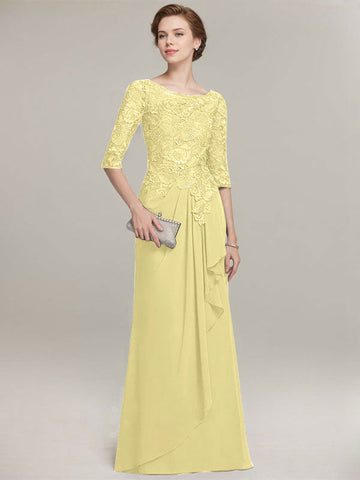 A-line Scoop Illusion Floor-Length Lace Chiffon Mother of the Bride Dress With Cascading Ruffles