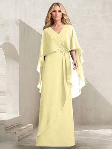 A-line V-Neck Floor-Length Chiffon Mother of the Bride Dress With Cascading Ruffles Beading