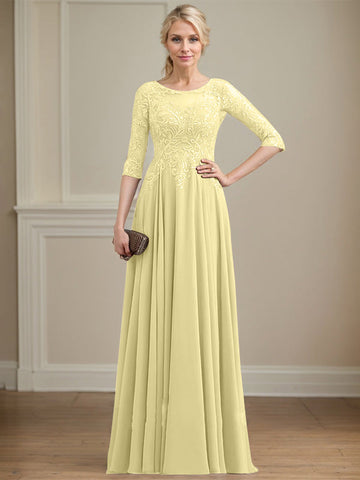A-line Scoop Illusion Floor-Length Lace Chiffon Mother of the Bride Dress With Sequins