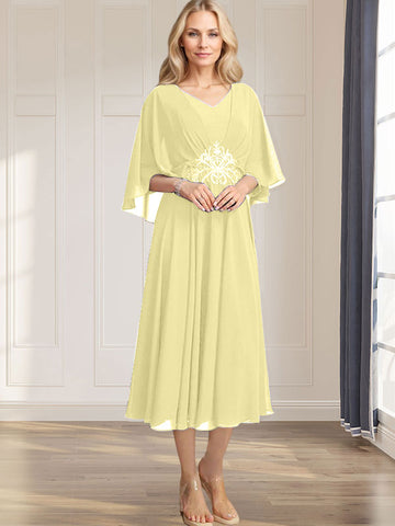 A-line V-Neck Tea-Length Chiffon Mother of the Bride Dress With Pleated Sequins Appliques Lace Beadind