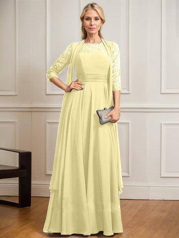 A-line Scoop Illusion Floor-Length Lace Chiffon Mother of the Bride Dress With Pleated