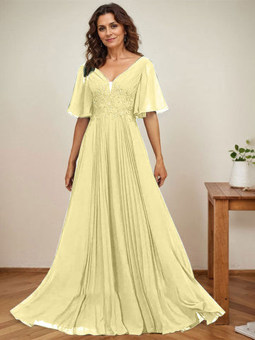 A-line V-Neck Floor-Length Chiffon Mother of the Bride Dress With Sequins Appliques Lace Pleated