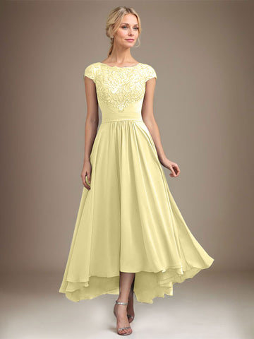 A-line Scoop Illusion Asymmetrical Lace Chiffon Mother of the Bride Dress With Pleated