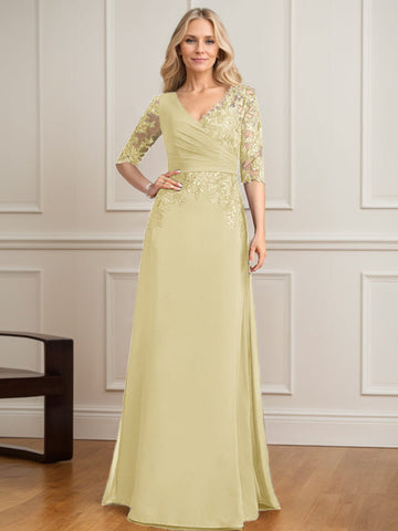 A-line V-Neck Floor-Length Lace Chiffon Mother of the Bride Dress With Pleated Sequins
