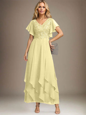 A-line V-Neck Ankle-Length Lace Chiffon Mother of the Bride Dress With Cascading Ruffles