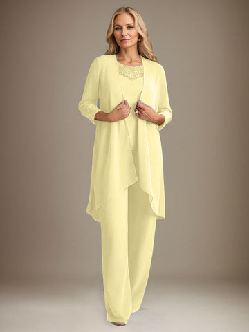 Chiffon Scoop Long Sleeves Mother Of The Bride Pantsuits With Jacket