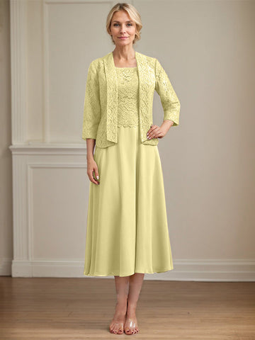 A-line Scoop Tea-Length Lace Chiffon Mother of the Bride Dress