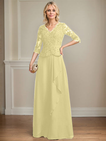 A-line V-Neck Floor-Length Lace Chiffon Mother of the Bride Dress With Cascading Ruffles Sequins