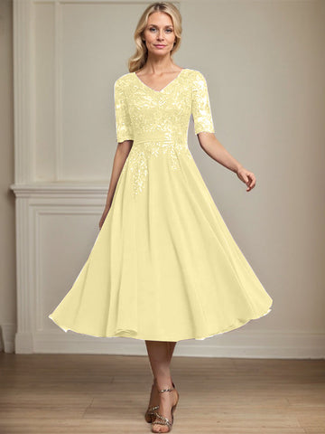 A-line V-Neck Tea-Length Lace Chiffon Mother of the Bride Dress With Sequins