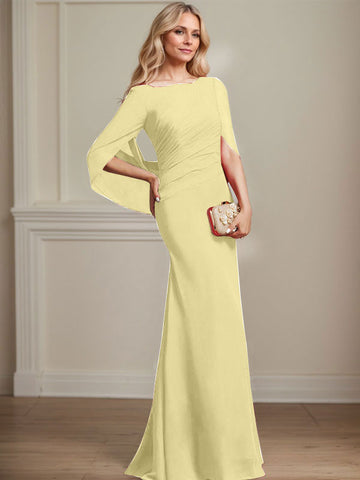 Trumpet/Mermaid Boat Neck Floor-Length Chiffon Mother of the Bride Dress With Pleated