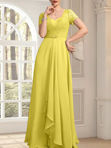 A-line Sweetheart Floor-Length Chiffon Lace Mother of the Bride Dress With Beading Cascading Ruffles
