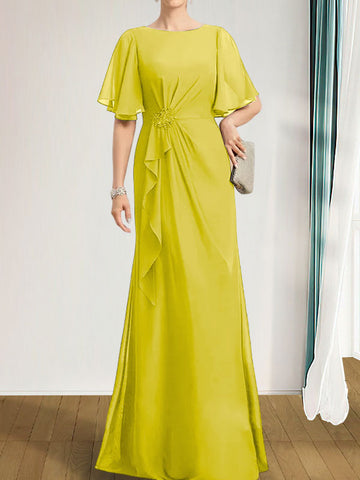 A-line Scoop Floor-Length Chiffon Mother of the Bride Dress With Cascading Ruffles Beading Sequins