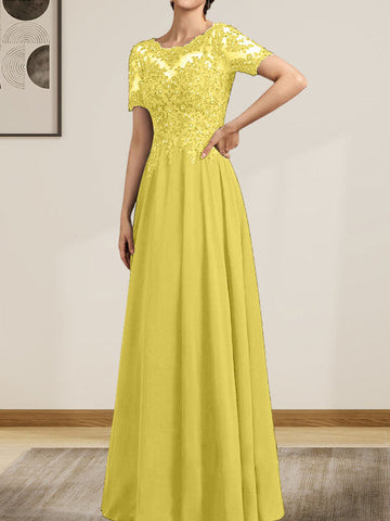 A-line Scoop Illusion Floor-Length Chiffon Lace Mother of the Bride Dress With Sequins Beading