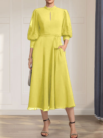 A-line High Neck Tea-Length Lace Chiffon Mother of the Bride Dress With Bow