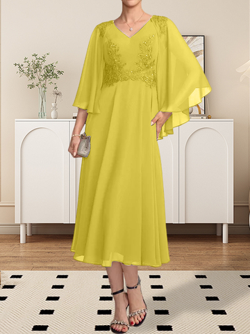 A-line V-Neck Tea-Length Chiffon Lace Mother of the Bride Dress With Beading Sequins