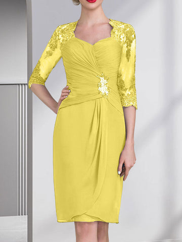 Sheath/Column Sweetheart Knee-Length Chiffon Mother of the Bride Dress With Beading Appliques Lace Sequins Pleated