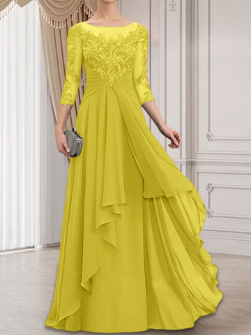 A-line Scoop Illusion Floor-Length Lace Chiffon Mother of the Bride Dress With Cascading Ruffles