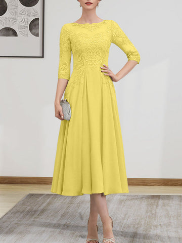A-line Scoop Illusion Tea-Length Chiffon Lace Mother of the Bride Dress With Beading Sequins