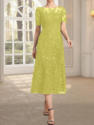 A-line Scoop Illusion Tea-Length Lace Mother of the Bride Dress With Sequins