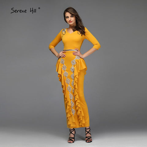 Vestidos de noche amarillos de corte sirena con escote en V, sexys, con volantes y lentejuelas, hasta los tobillos, diseño QA8037 