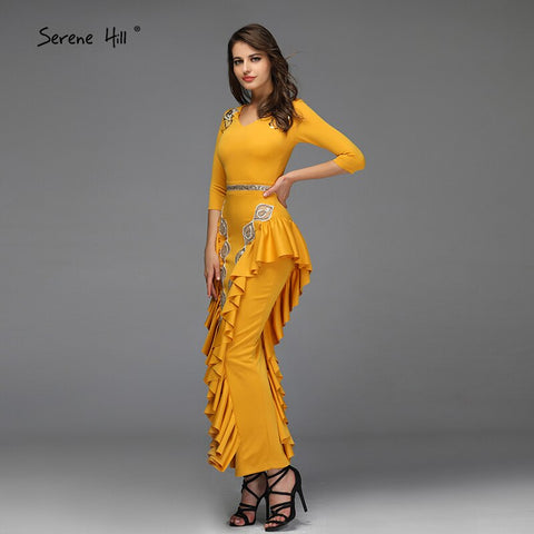 Vestidos de noche amarillos de corte sirena con escote en V, sexys, con volantes y lentejuelas, hasta los tobillos, diseño QA8037 