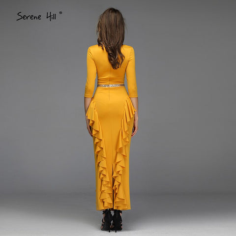 Vestidos de noche amarillos de corte sirena con escote en V, sexys, con volantes y lentejuelas, hasta los tobillos, diseño QA8037 