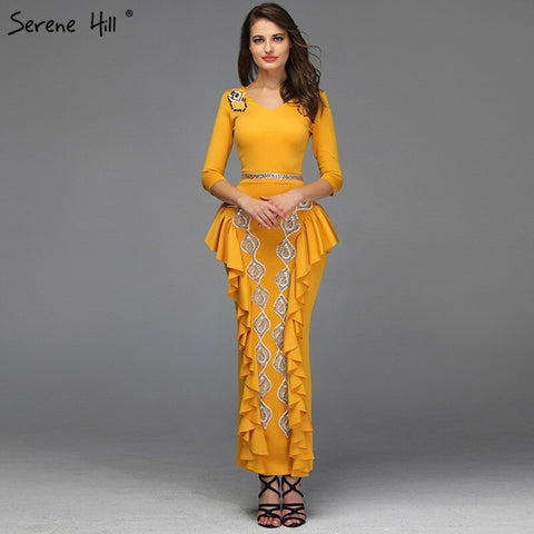 Vestidos de noche amarillos de corte sirena con escote en V, sexys, con volantes y lentejuelas, hasta los tobillos, diseño QA8037 